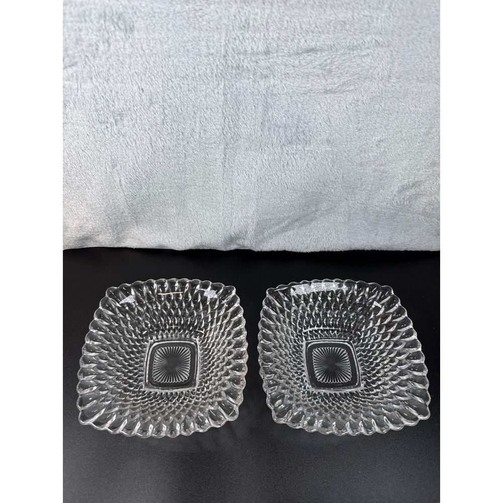 Vintage Indiana Glass Bowl Dish Diamond Point Scalloped Clear Set 2Candy, Nuts